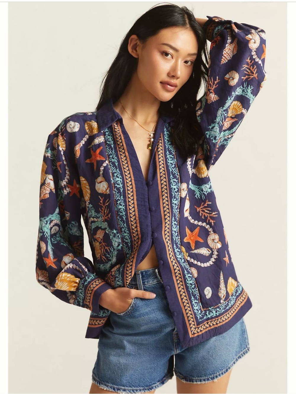 Maeve Silky V-Neck Buttondown